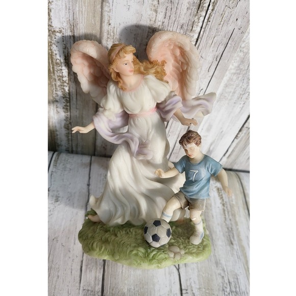 vintage Angel Figurine Boy Soccer Player Guardian Religious Statue Decor - Picture 2 of 8